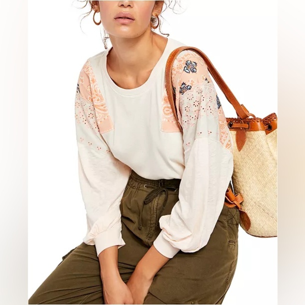 Free People Feelin It Embroidered Shirt in Alabaster Combo Small